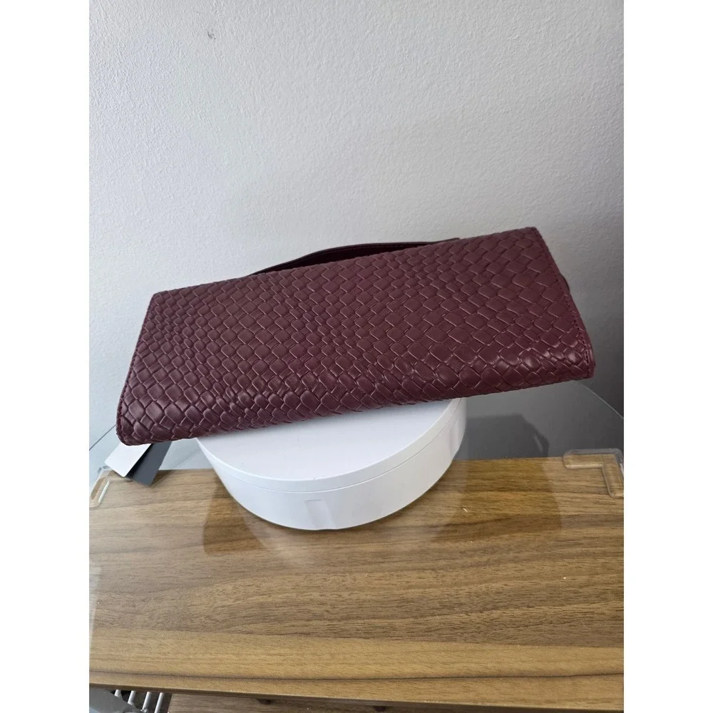 Woven Burgundy Vegan Leather Crossbody Clutch Bag with Knot Lock New